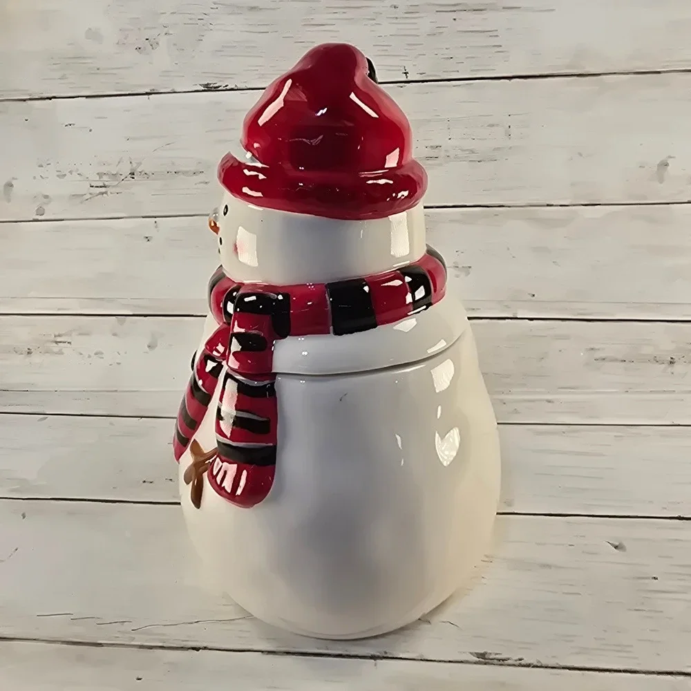 Pier 1 Imports Snowman Cookie Jar Hand Painted Dolomite Red Black Scarf 9.5in